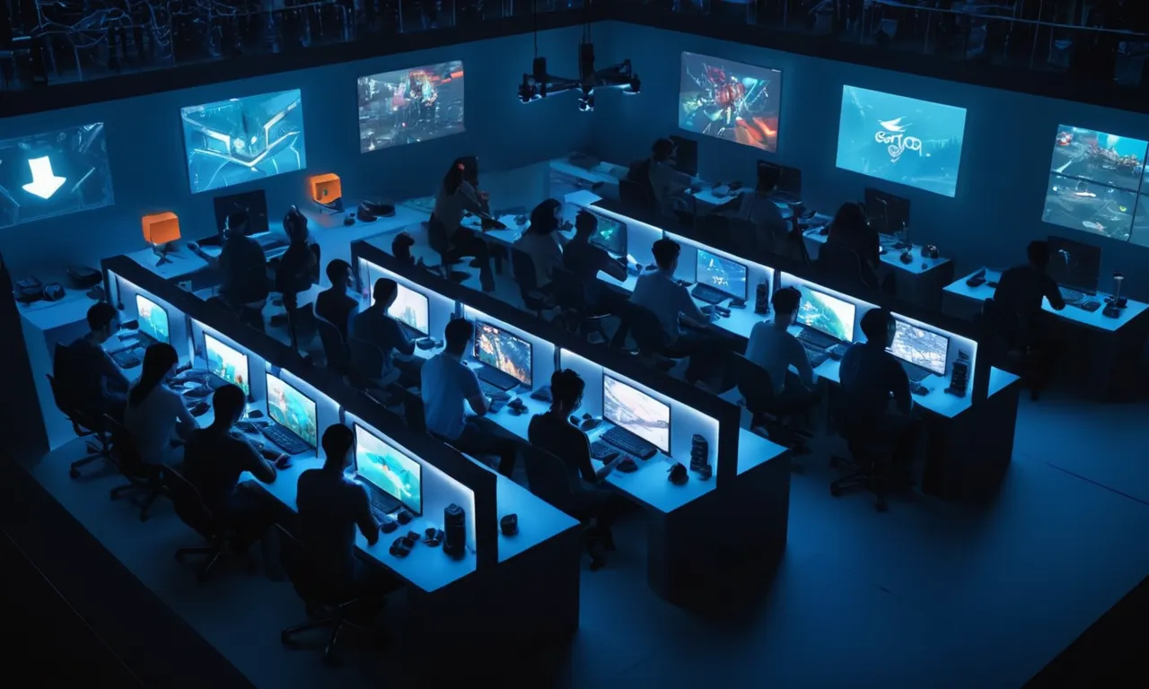 Un grupo de personas sentadas en computadoras, colaborando y aprendiendo entre sí mientras trabajaban en modificaciones de videojuegos.