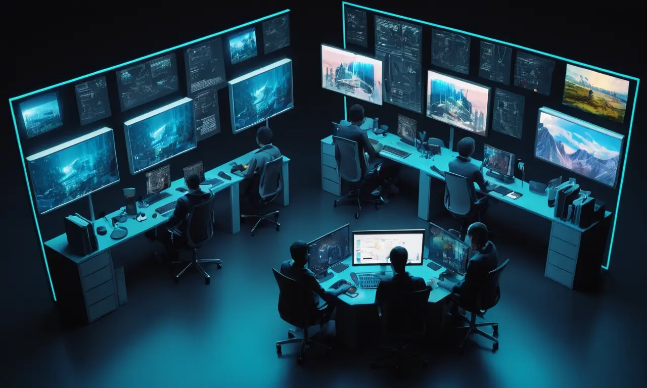 Un grupo de modders se reunieron alrededor de un ordenador, rodeado de pantallas y notas, con un espíritu colaborativo.