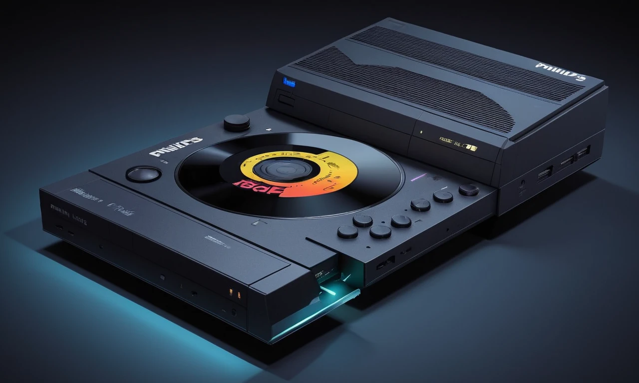 Una imagen nostálgica de la consola Philips CD-i, rodeada de elementos de juego retro y notas de fracaso.