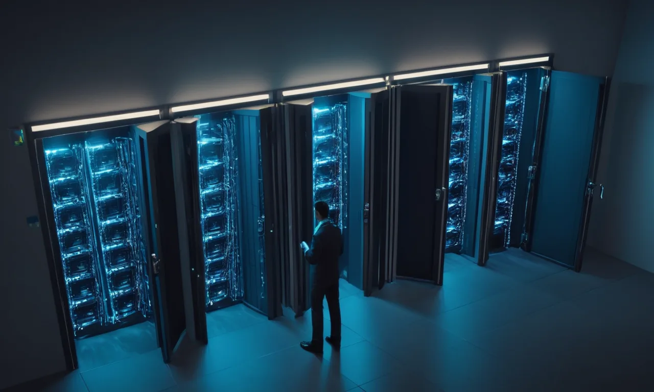 Una persona que accede a una sala de servidores segura con puertas cerradas y cámaras de vigilancia.