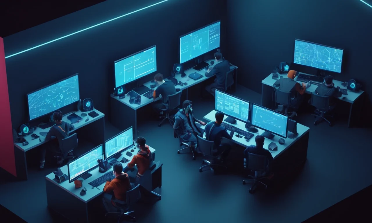 Un equipo de desarrolladores rodeado de pantallas y código, con un proyecto de juego cancelado en la pared.
