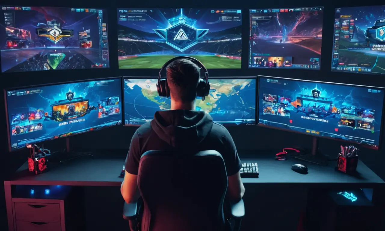 Un jugador sentado frente a un ordenador con múltiples pantallas mostrando rankings y puntuaciones de esports.