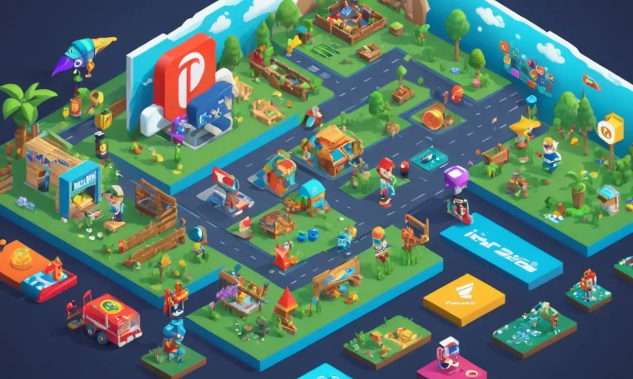 Una mezcla de logotipos de marca y personajes populares de videojuegos con conceptos de marketing en el fondo.