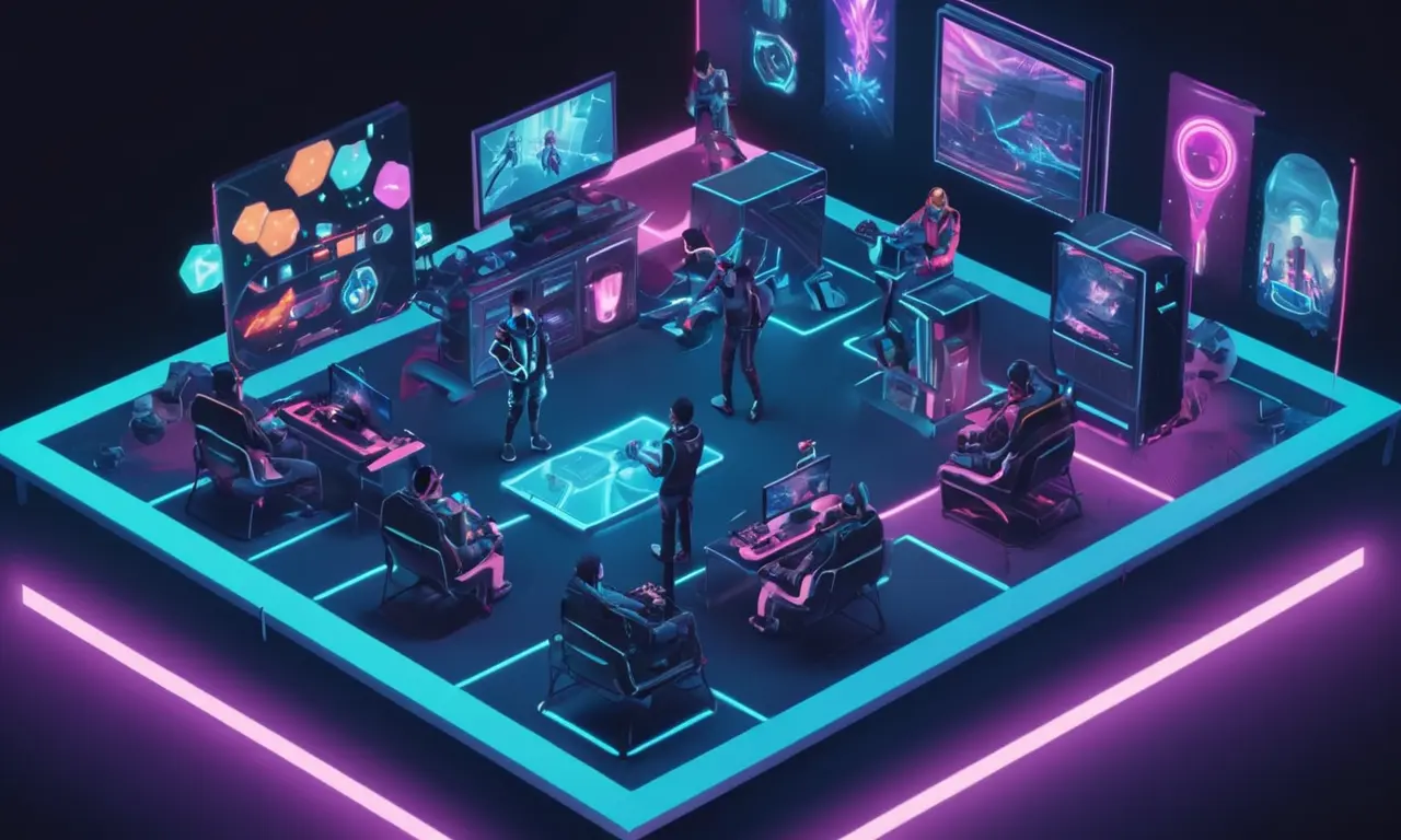 Un grupo de jugadores de diferentes orígenes jugando juntos en un entorno de realidad virtual futurista.