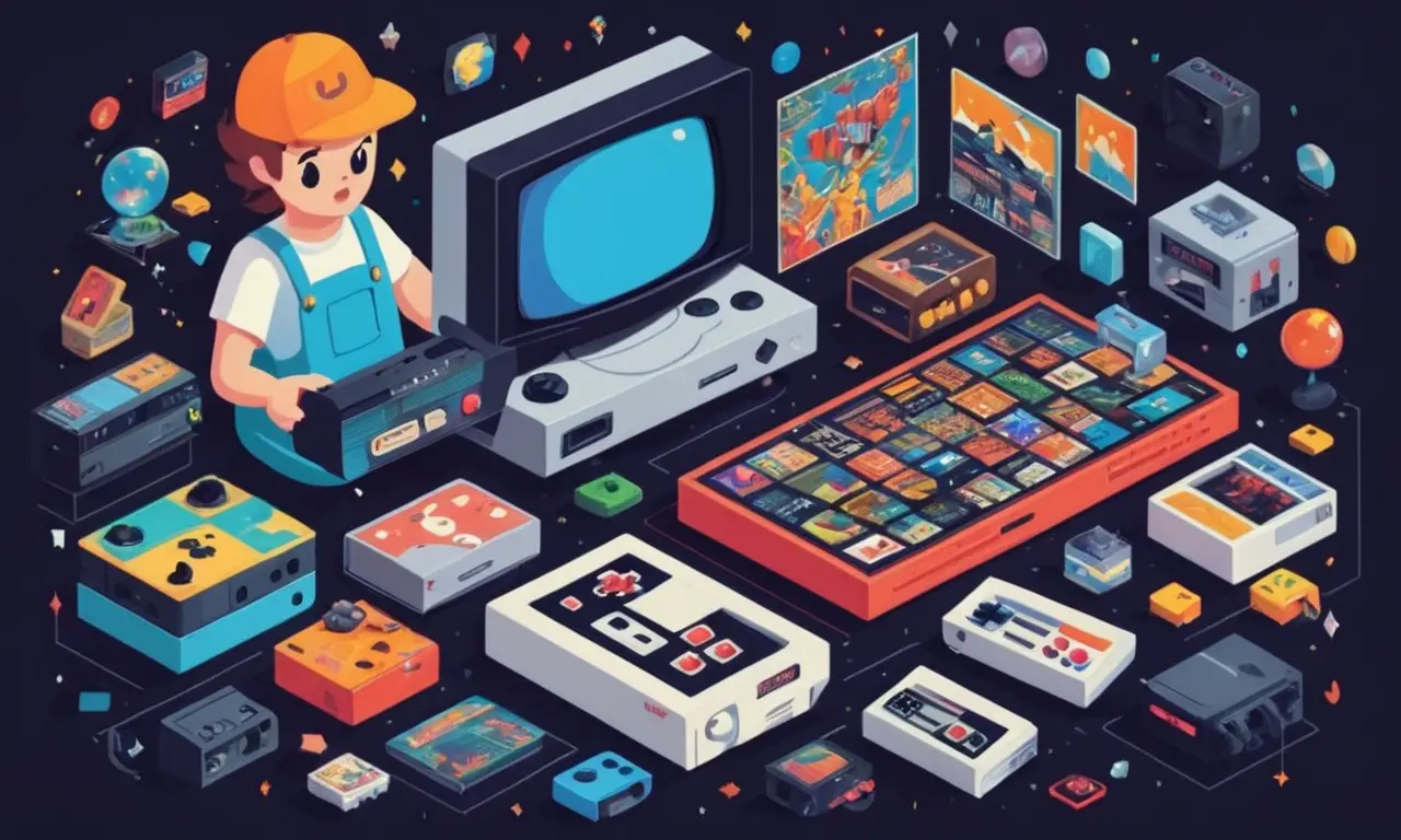 Una persona que tiene una consola de videojuego retro en medio de los elementos nostálgicos, con gráficos y opiniones que los rodean.