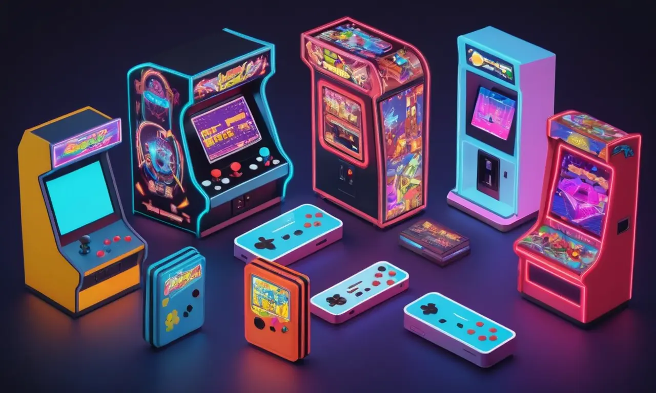 Una máquina de arcade de estilo retro junto a consolas de juego modernas y teléfonos inteligentes.