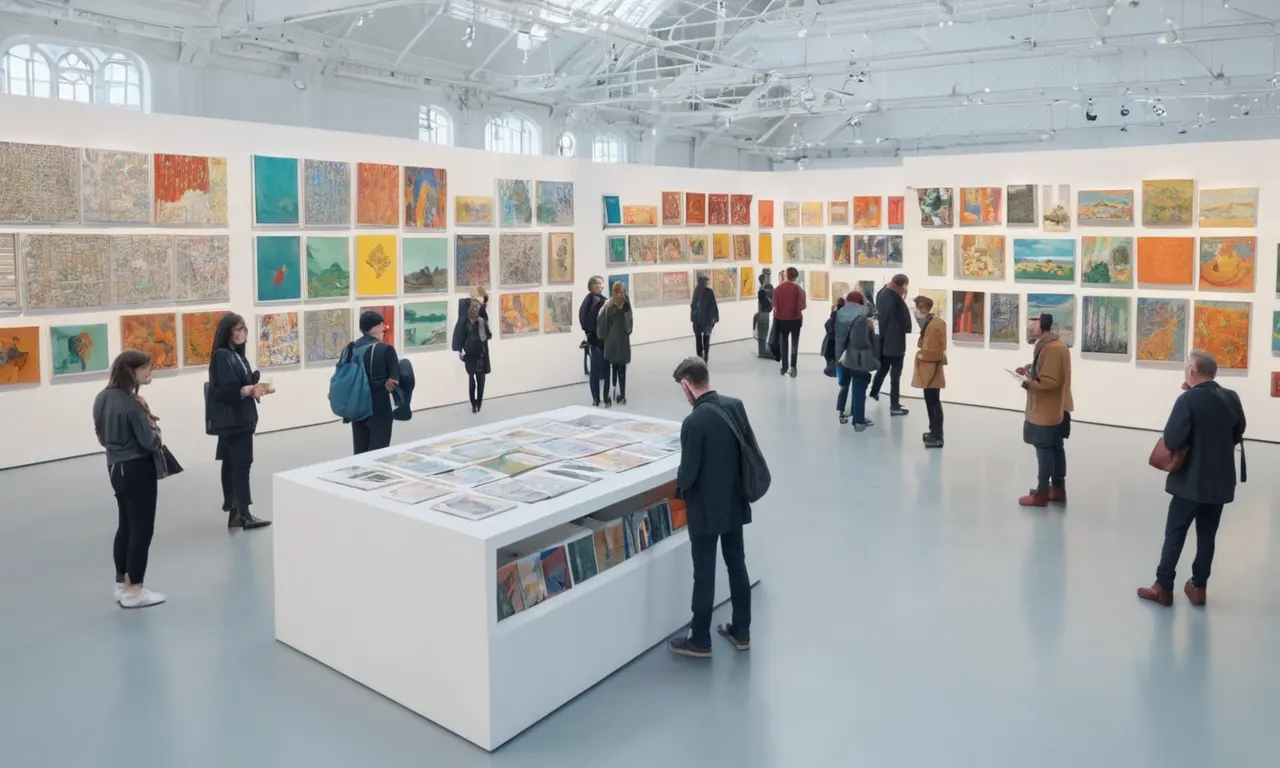 Un curador que examina piezas de arte en una sala de exposiciones, con catálogos y visitantes en el fondo.
