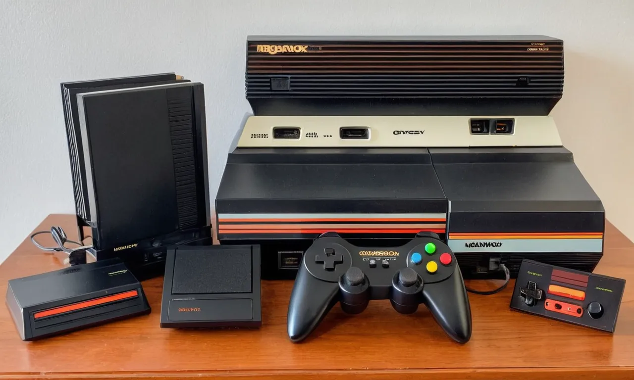 Dispositivos de consola Vintage, incluyendo Magnavox Odyssey y Atari 2600, mostrados en un estante.