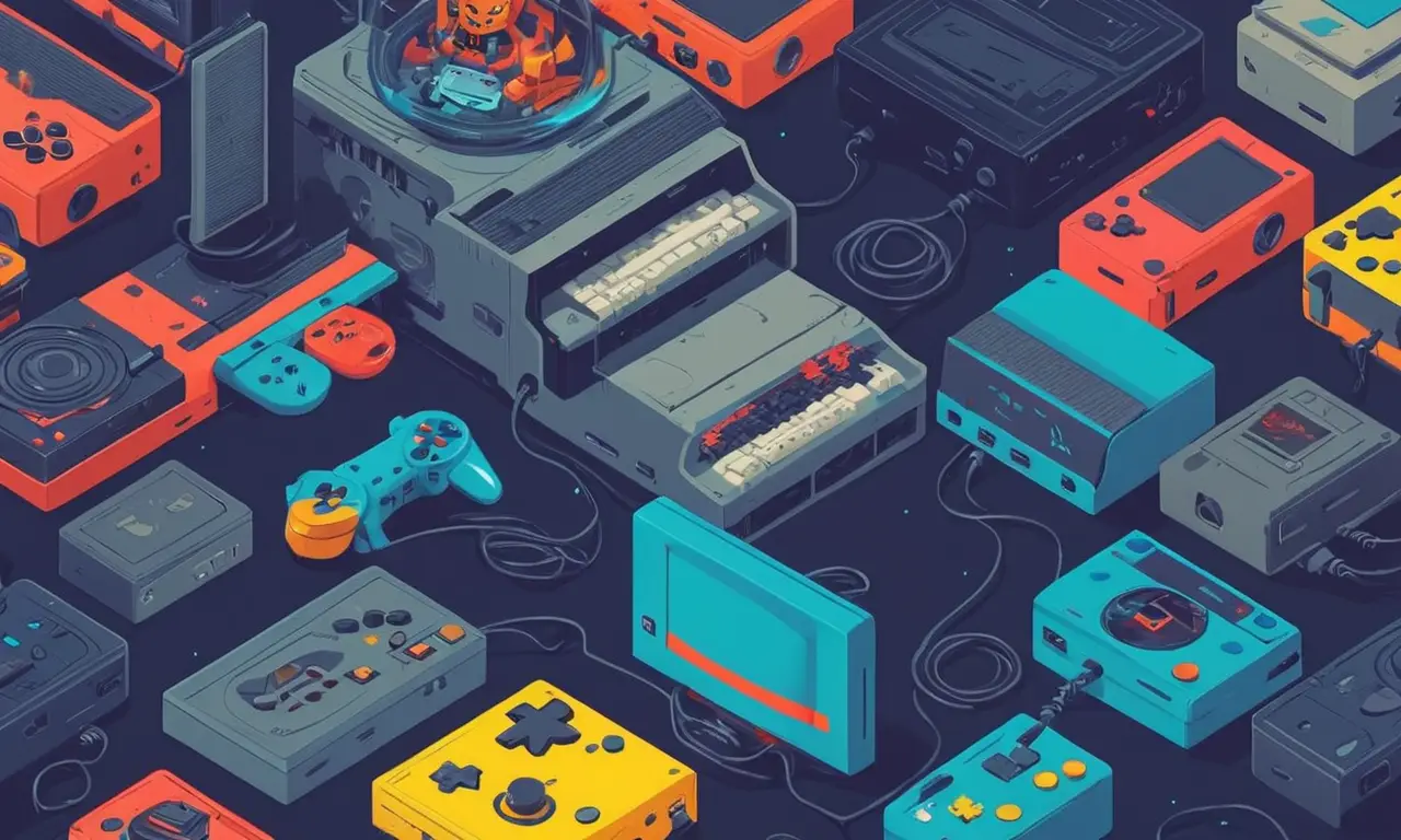 Un jugador nostálgico rodeado de consolas clásicas y juegos de diferentes épocas.