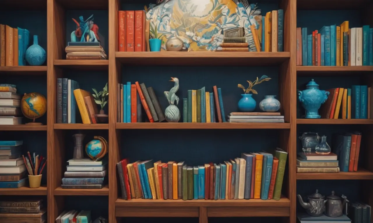 Una estantería llena de libros de coleccionistas y piezas de arte en el fondo.