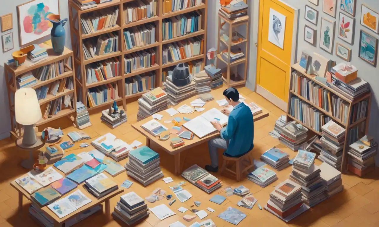 Un coleccionista rodeado de piezas de arte y libros, con hojas de evaluación y catálogos repartidos alrededor.