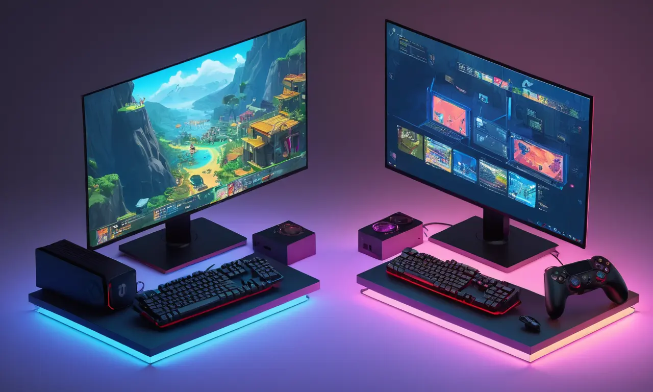 Una imagen que compara plataformas de juego y ordenadores, con una pantalla dividida que muestra comodidad frente a los cambios de rendimiento.