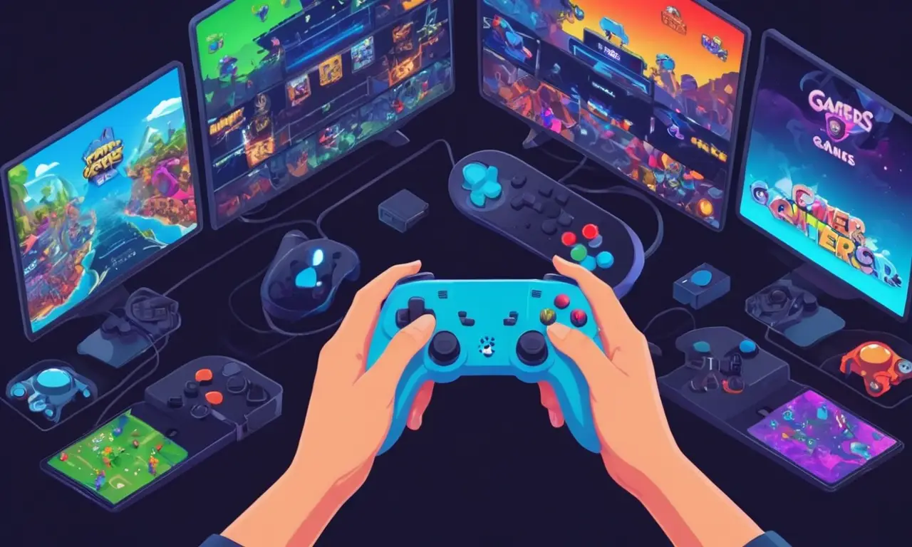 Las manos de los jugadores sostienen un controlador, rodeado de pantallas que muestran varios juegos y rankings.