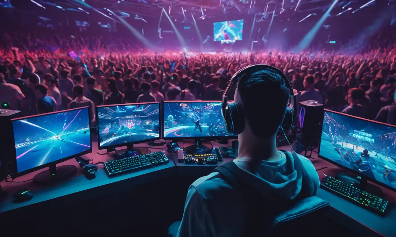 Un jugador con un auricular, rodeado de pantallas y controladores, con trofeos esports y multitud animando en el fondo.