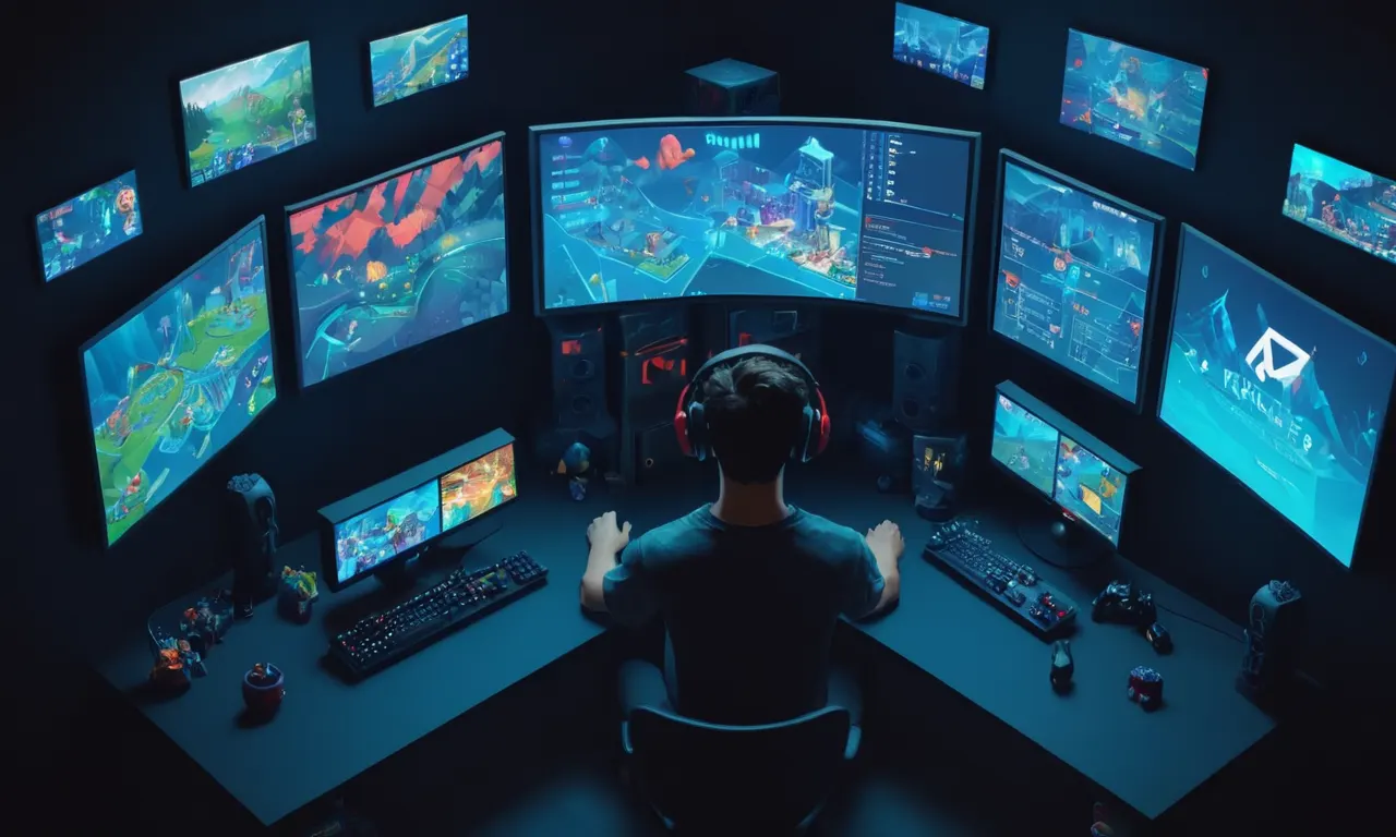 Un jugador se centró intensamente en su pantalla, rodeado de pantallas que muestran estadísticas de juego y respuestas emocionales.
