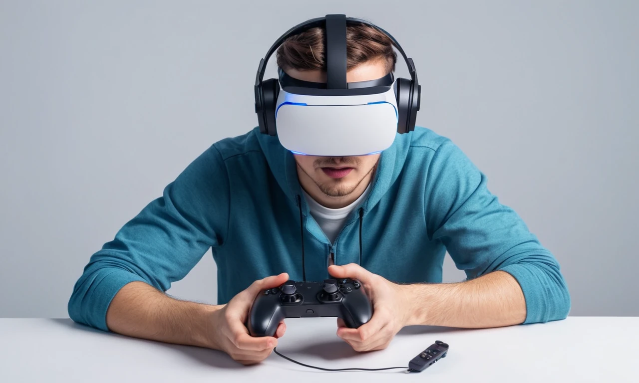 Un jugador con auriculares VR enfocado en emociones y controladores de juego.