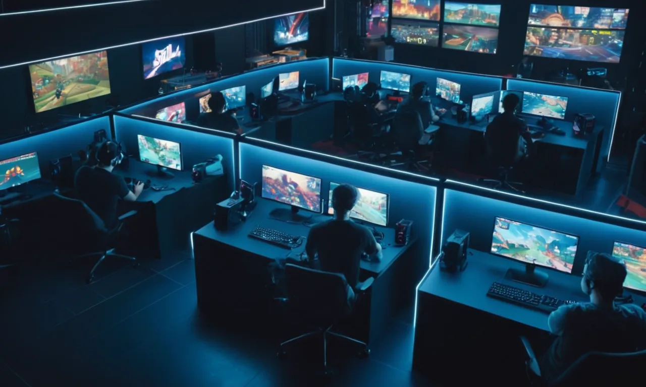 Periodistas escribiendo artículos sobre videojuegos competitivos en escritorios con pantallas de computadora y consolas de juego en el fondo.