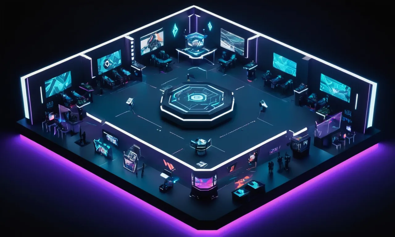 Un estadio futurista de esports con pantallas de realidad aumentada y avatares virtuales.