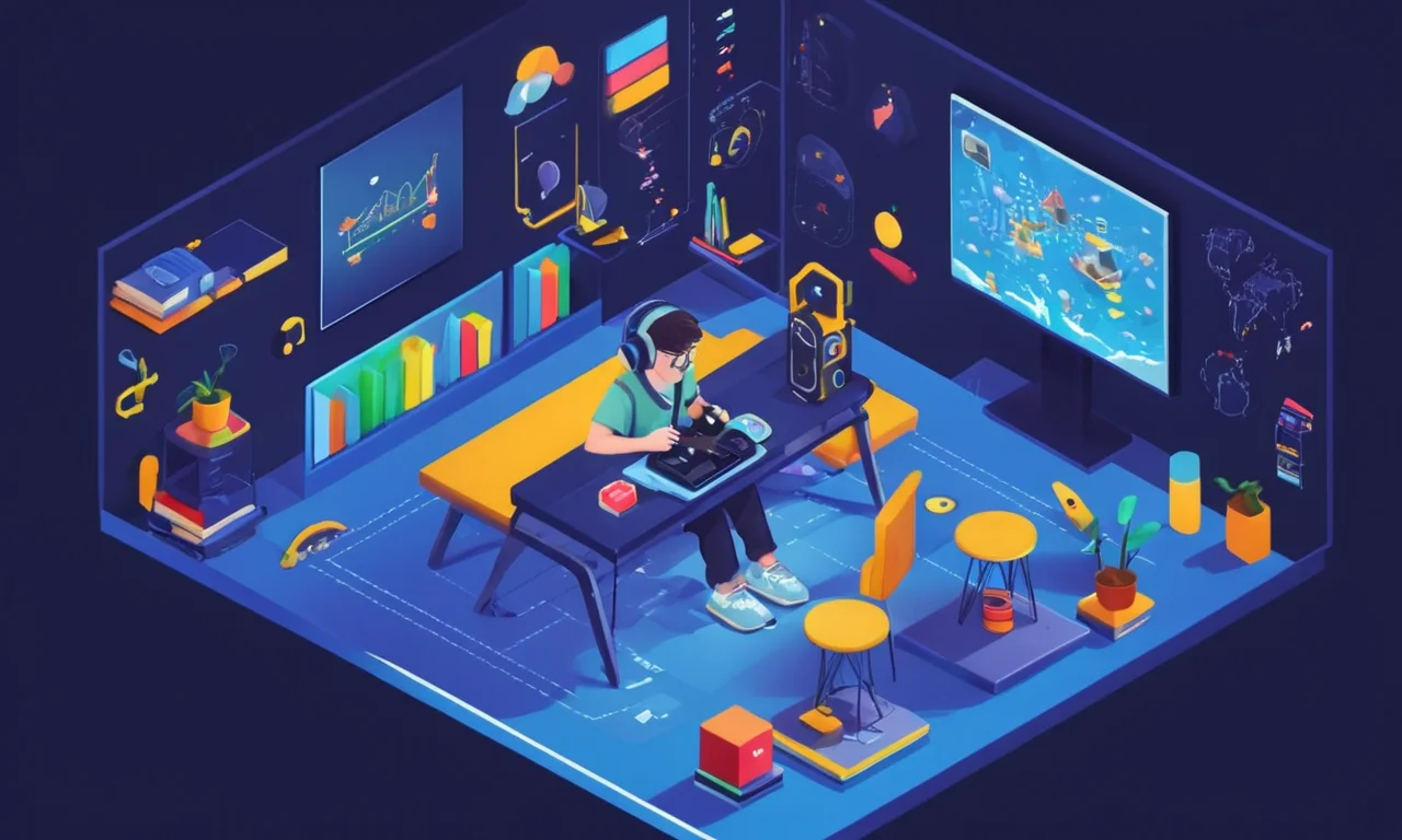 Un estudiante jugando un videojuego en una consola con herramientas educativas y gráficos alrededor.