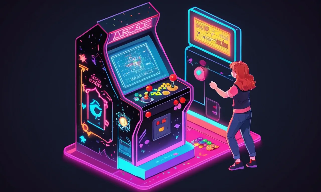 Una persona que sostiene una máquina de arcade de la vieja escuela con luces y botones flash, rodeado de notas y diagramas.