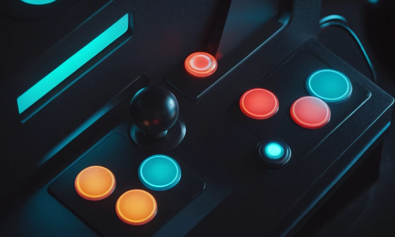 Un disparo de cerca de un juego de arcade botones y joysticks con luces flash.