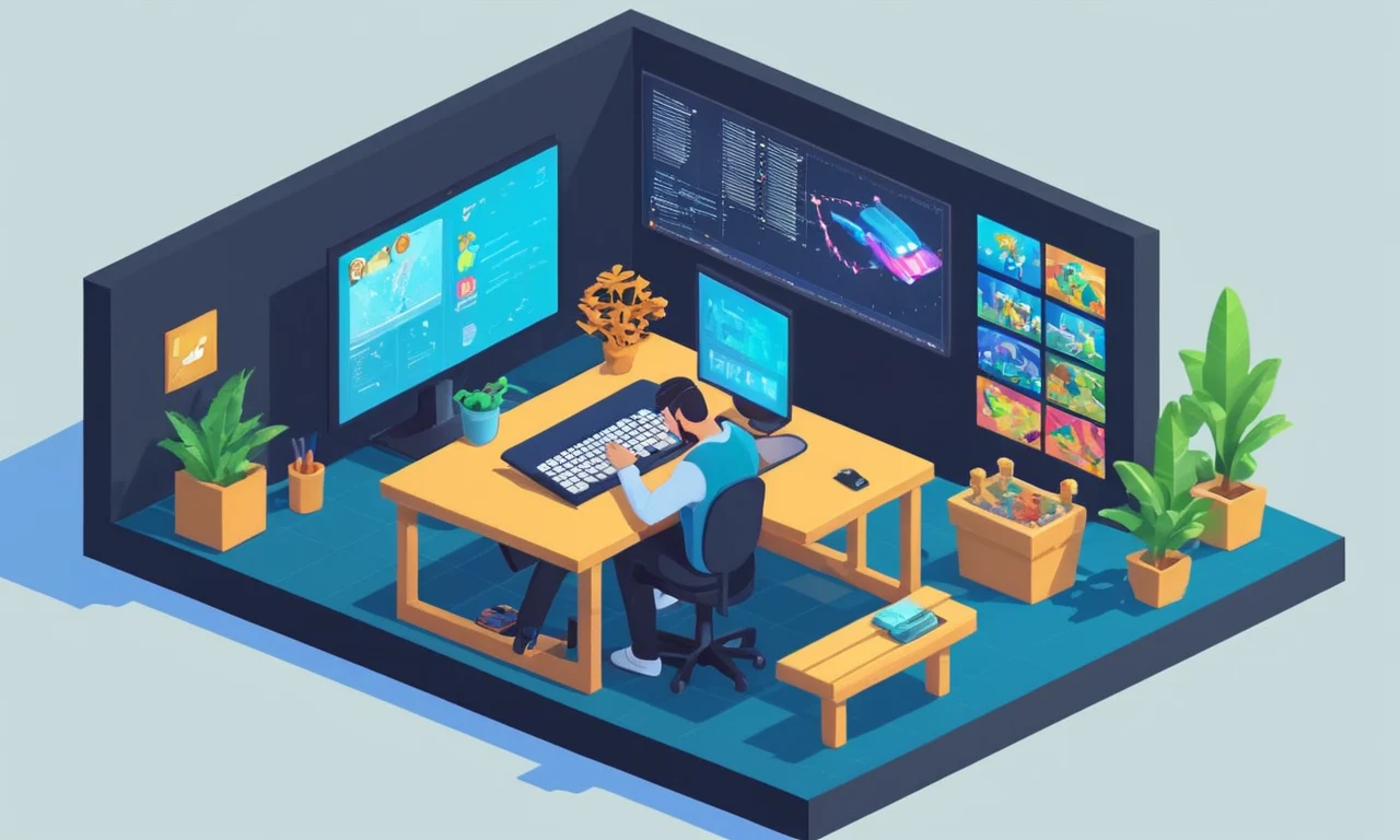 Un programador codificación en una pantalla que muestra software de desarrollo del juego.