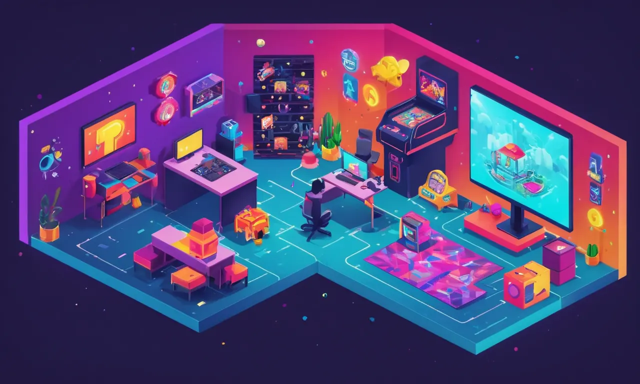 Diseñador gráfico creando arte de concepto de juego en una pantalla de computadora con componentes coloridos y elementos retro arcade.