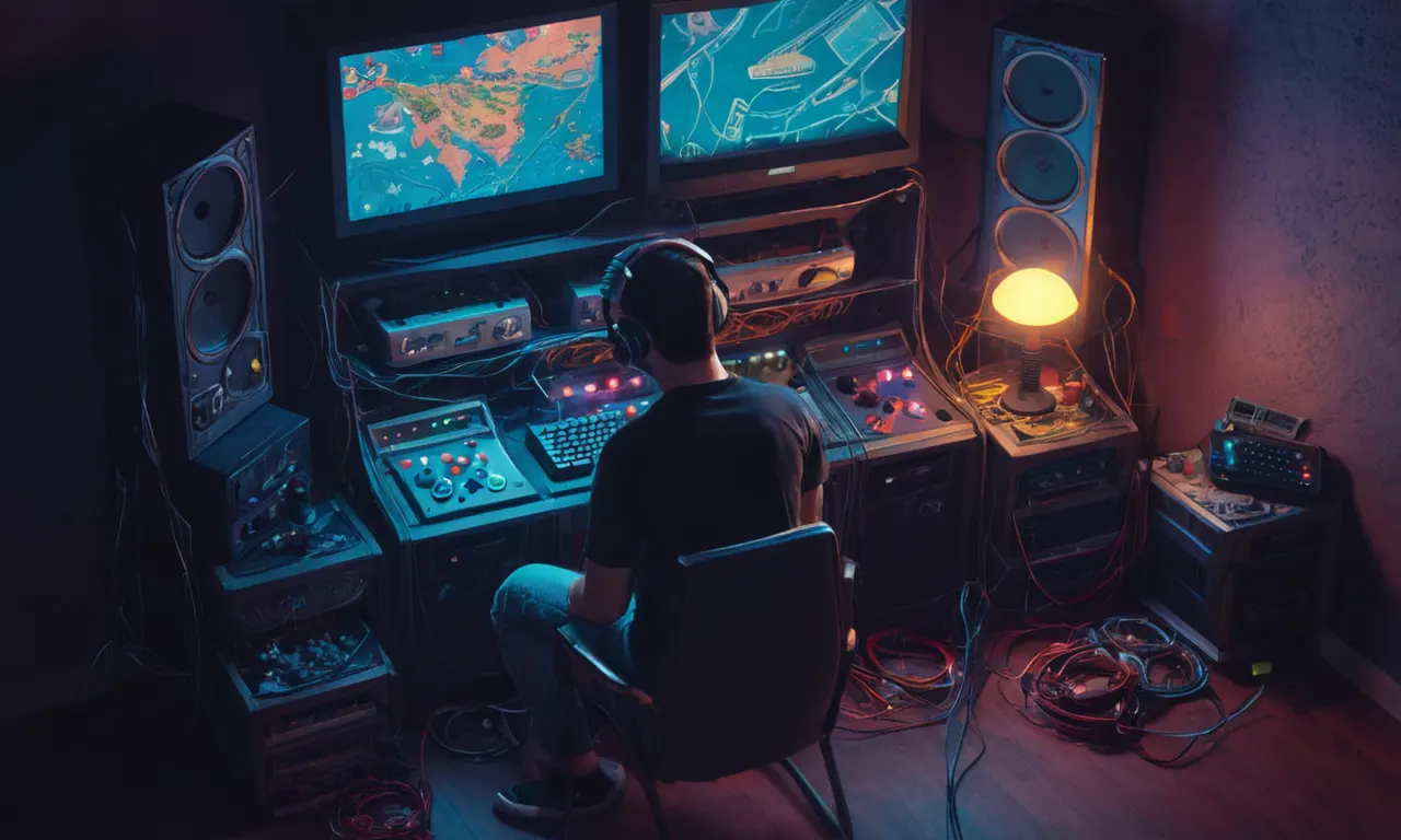 Un jugador sentado frente a una consola de la vieja escuela con alambres y juegos que los rodean, representando los principios fundamentales de la ética arcade.