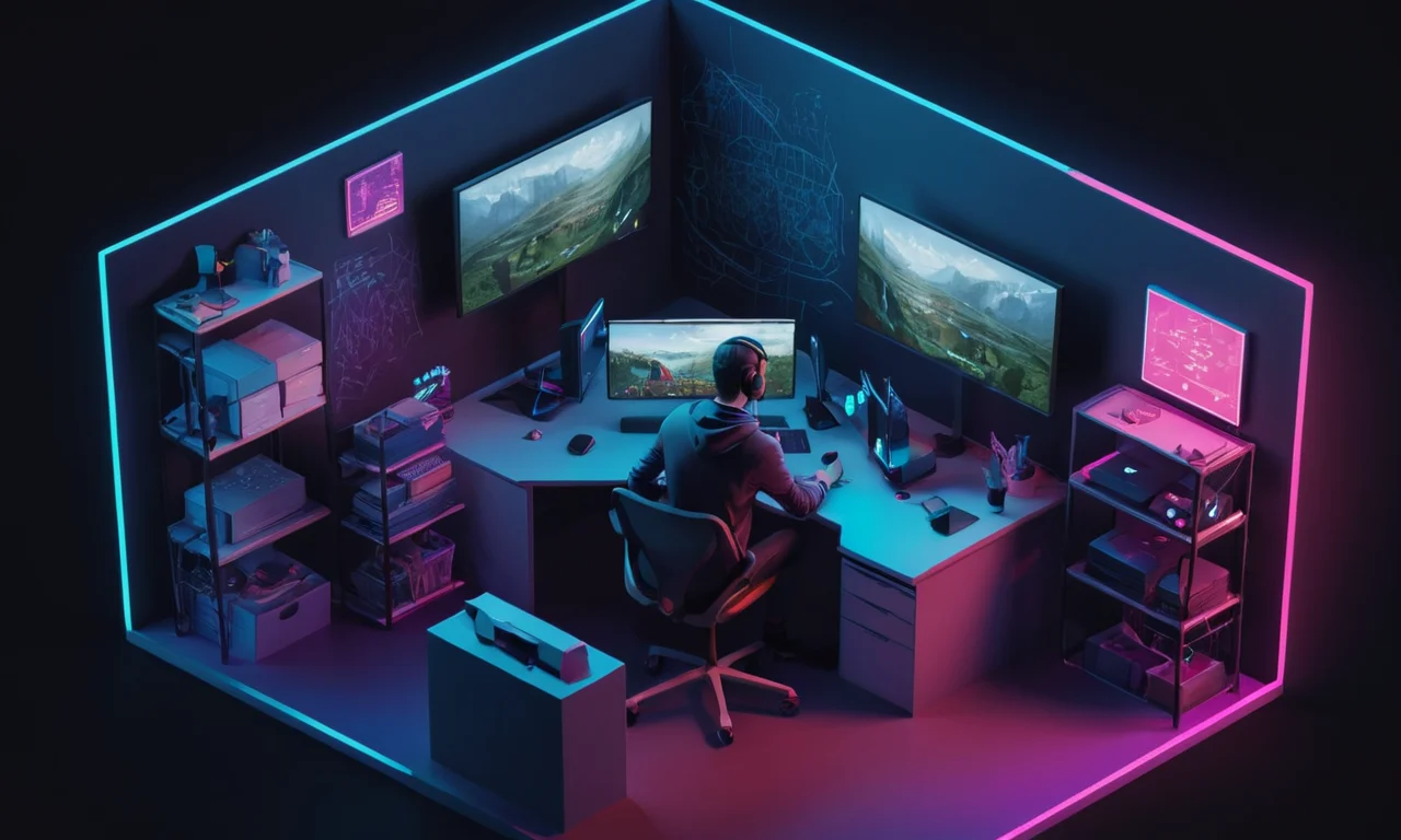 Una persona sentada en un escritorio de computadora, rodeada de juegos de configuración y notas, con un mensaje crítico de retroalimentación en la pantalla.