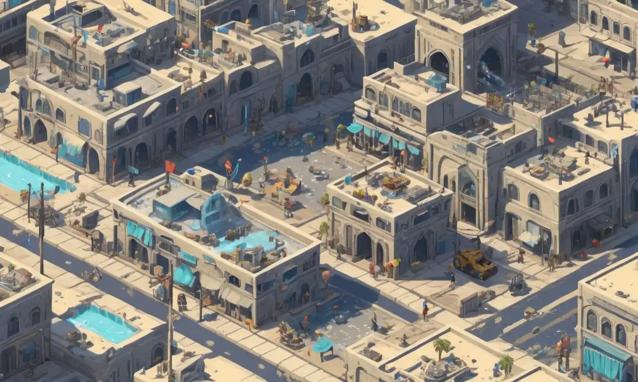 Un jugador jugando el juego Six Days en Fallujah con un fondo de paisaje urbano y burbujas de pensamiento.