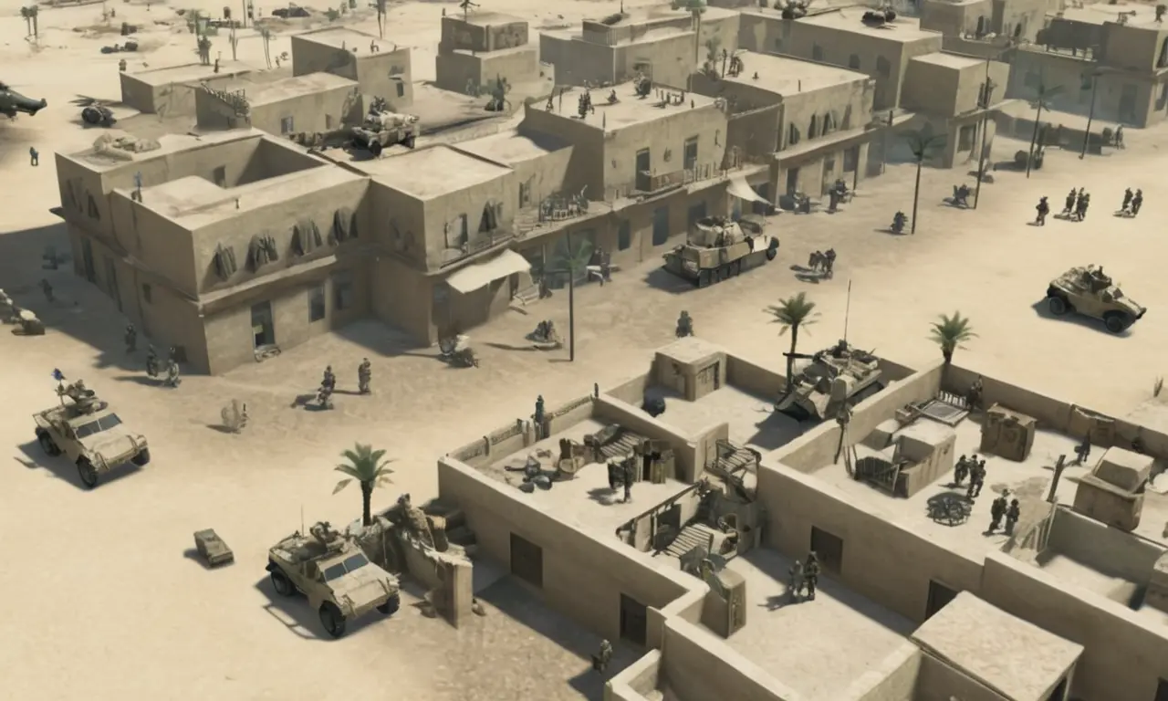 Una captura de pantalla del videojuego Seis días en Fallujah con una pantalla dividida que muestra representaciones conflictivas de la guerra.