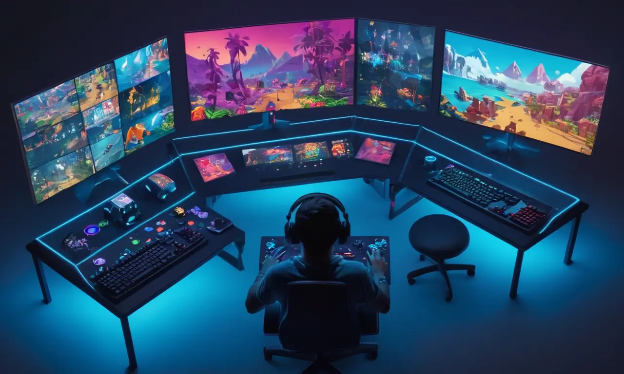 Una persona jugando juegos cooperativos en un PC con múltiples pantallas y controladores.