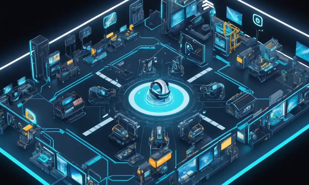 Un escenario futurista con auriculares VR y equipo industrial, destacando la intersección de la tecnología VR y diversas industrias.