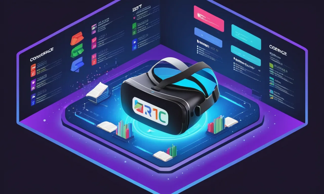 Un auricular de realidad virtual rodeado de horario de conferencias y logo de eventos académicos en una pantalla.