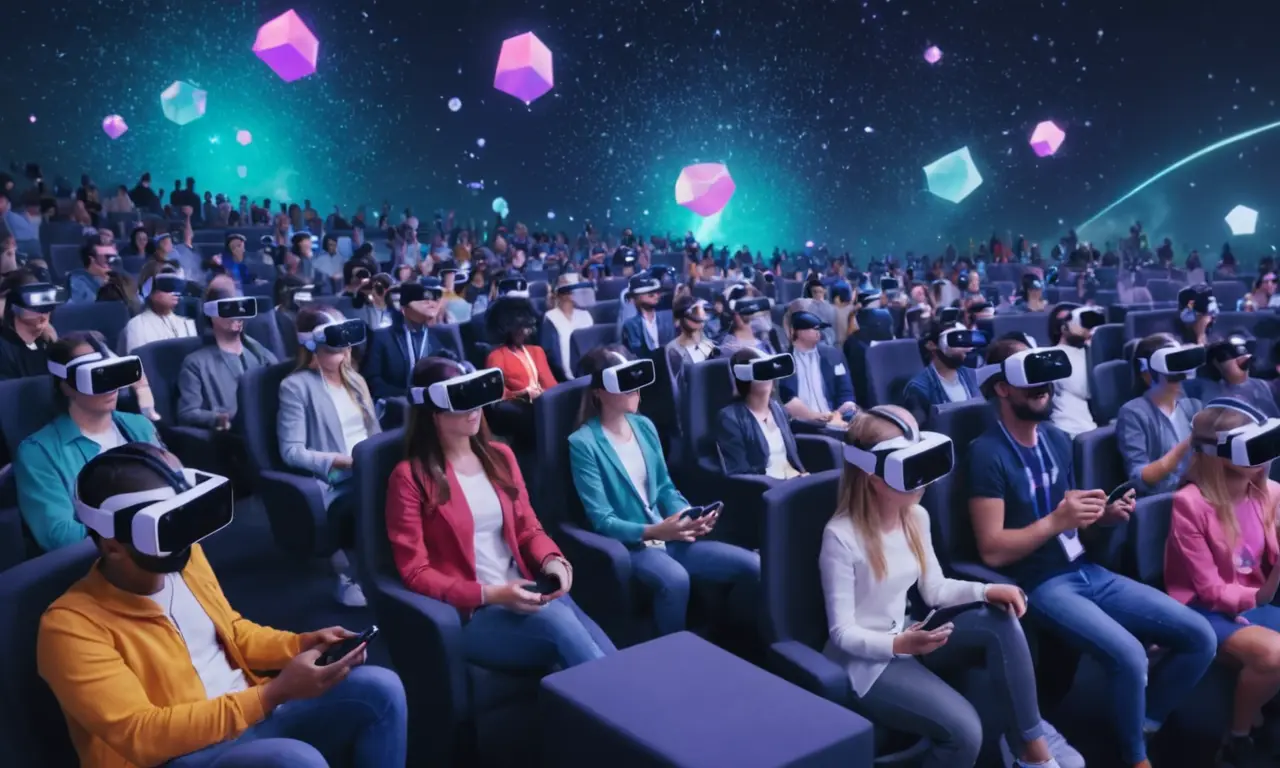 Personas que llevan auriculares VR participando en experiencias de realidad virtual inmersiva en una conferencia o festival futurista.