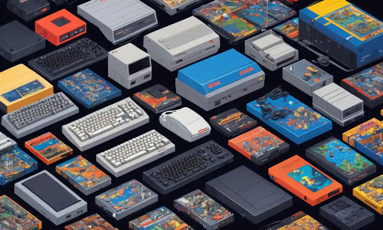 Un collage nostálgico de las consolas clásicas de ordenador (por ejemplo, Commodore Amiga, Sega Genesis) mostrando icónicos juegos de aventura gráfica.