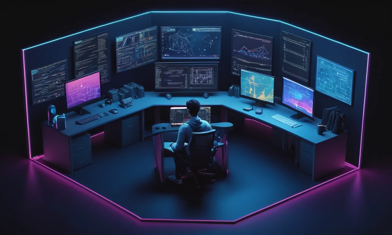 Un desarrollador sentado frente a una pantalla de ordenador con líneas de codificación y conceptos de diseño de juego.