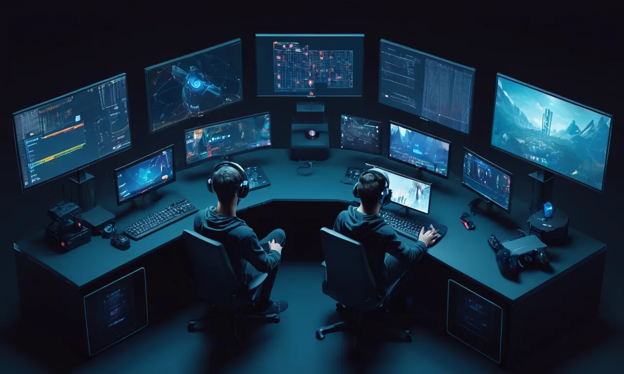 Un desarrollador rodeado de pantallas de codificación, con un auricular de jugadores y un controlador cercano.