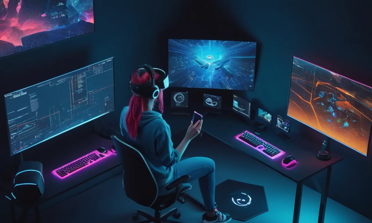 Una jugadora de mujer delante de una pantalla con herramientas de codificación y auriculares de realidad virtual.