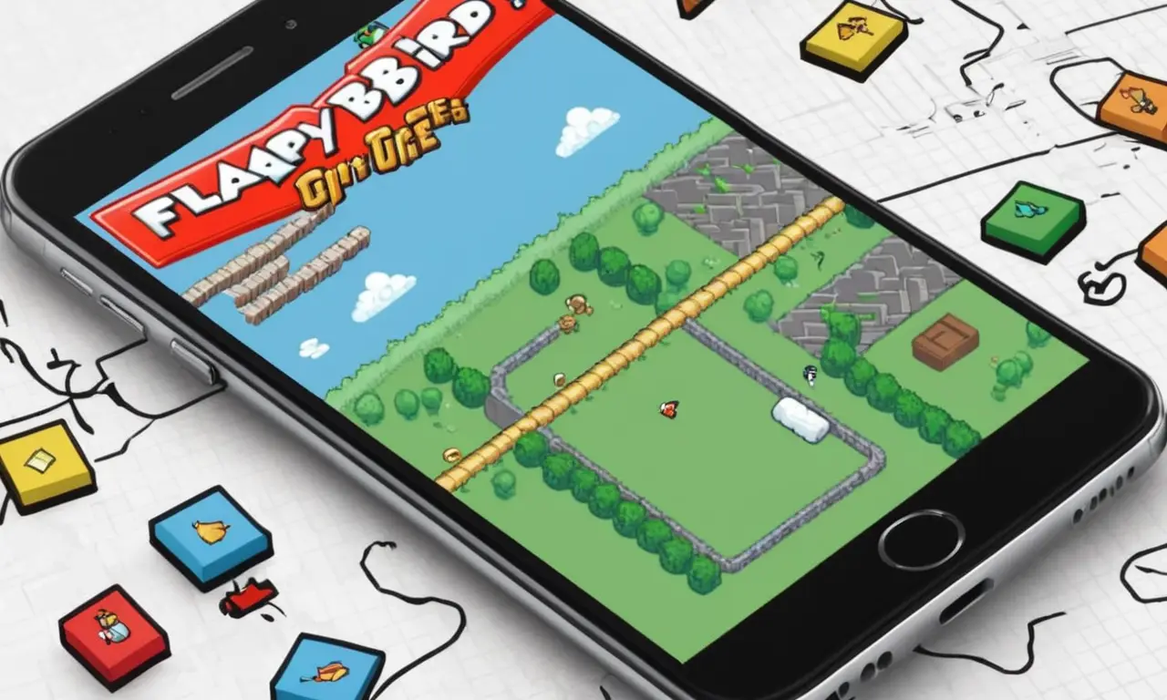 Una captura de pantalla del juego adictivo Flappy Bird en un smartphone, rodeado de iconos de codificación y notas de desarrollador.