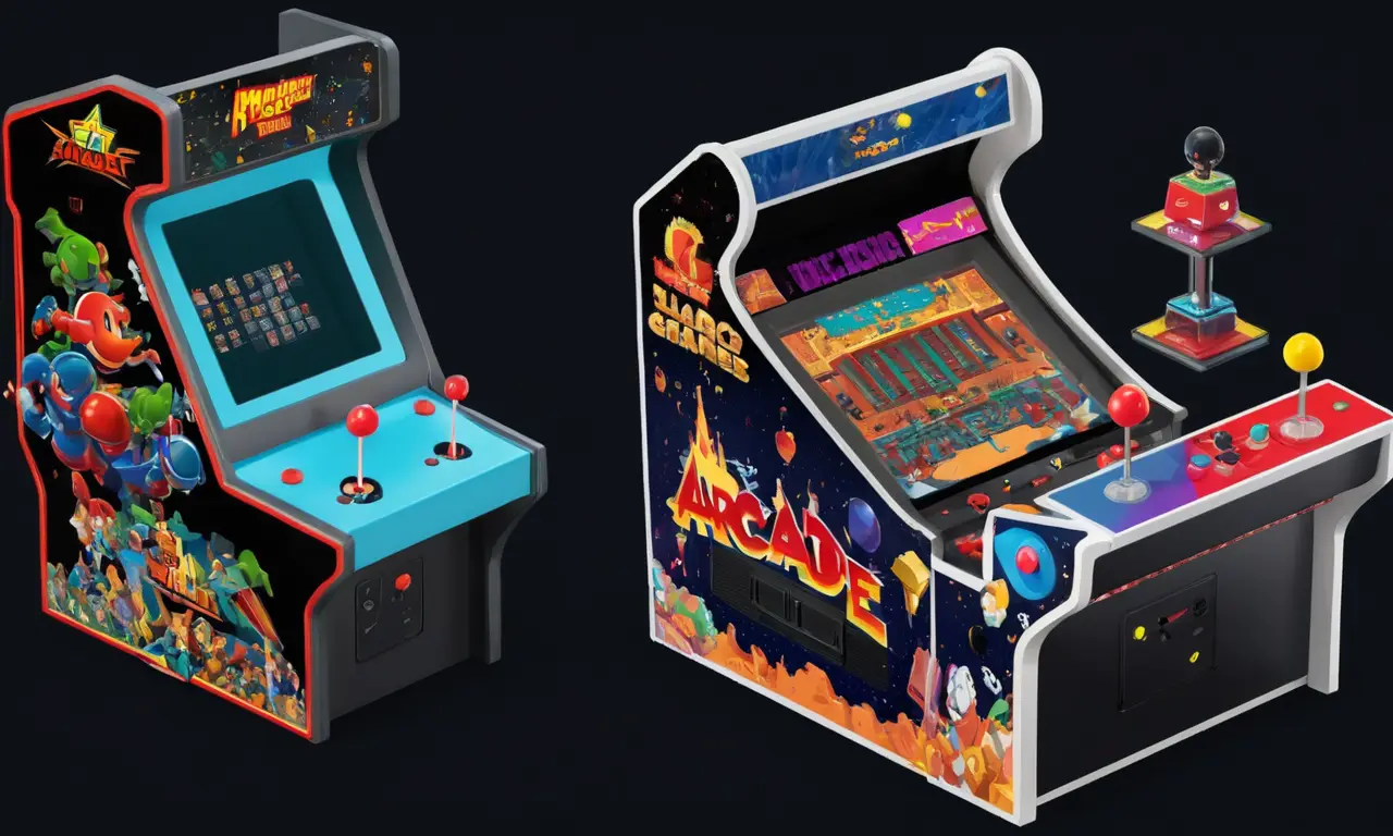 Una imagen de pantalla dividida que compara los juegos de arcade clásicos con el juego de consola moderno.