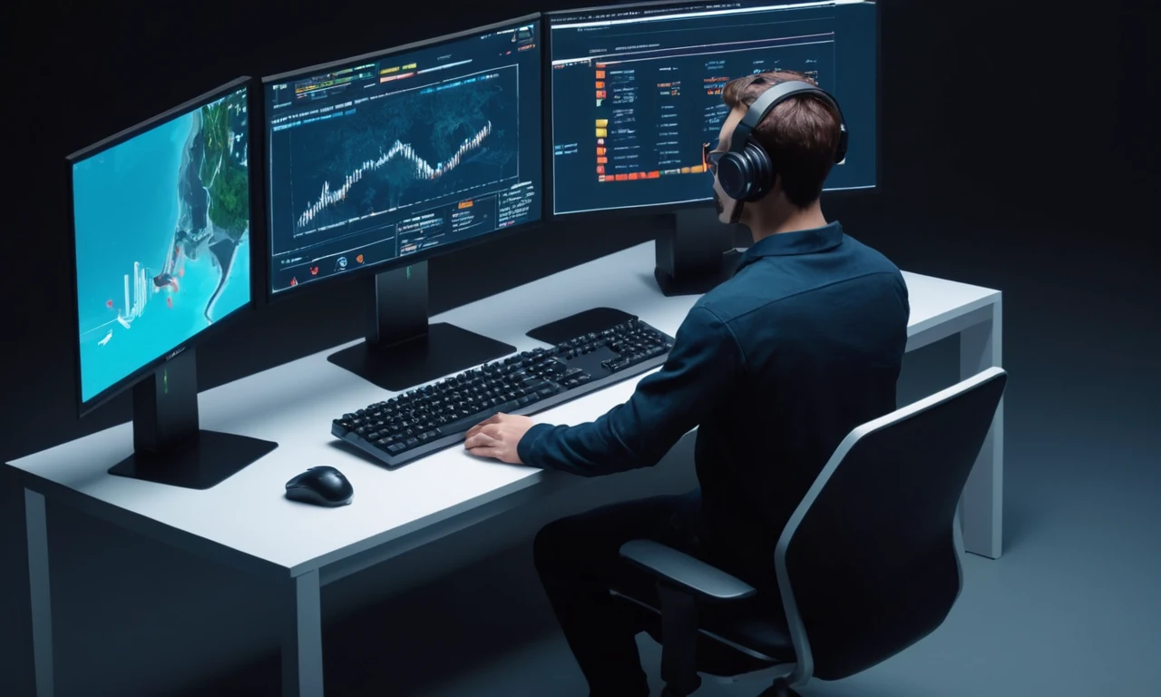 Un desarrollador de juegos sentado en un ordenador con una pantalla que muestra datos de juego en tiempo real y comentarios del jugador.