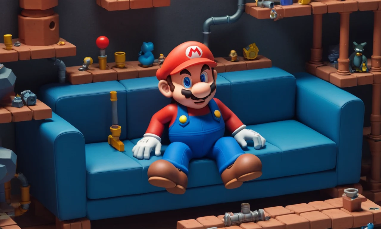 Mario sentado en un sofá, rodeado de tuberías y herramientas, con una expresión confusa.