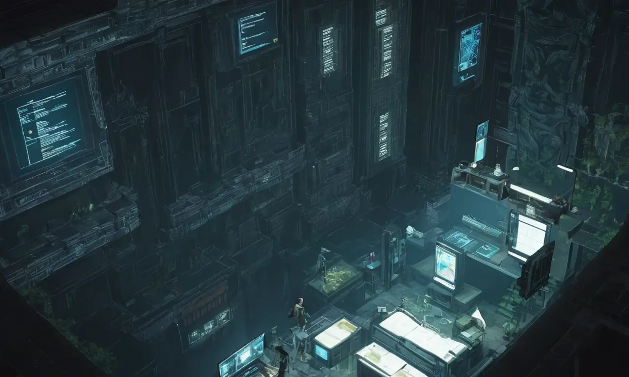 Un desarrollador trabajando en el juego The Last Guardian rodeado de notas de codificación y pantallas.