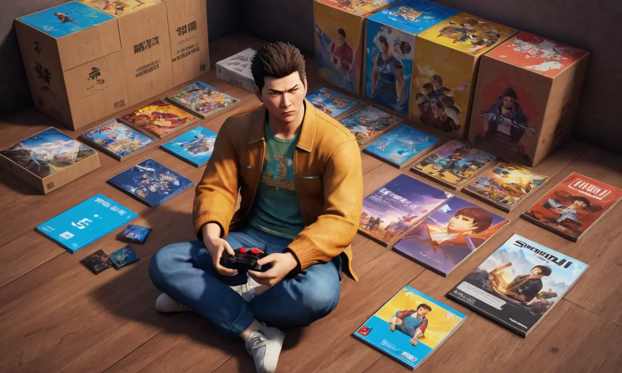 Un jugador sentado en el piso rodeado por cajas de juego Shenmue III y carteles, mirando estresado.