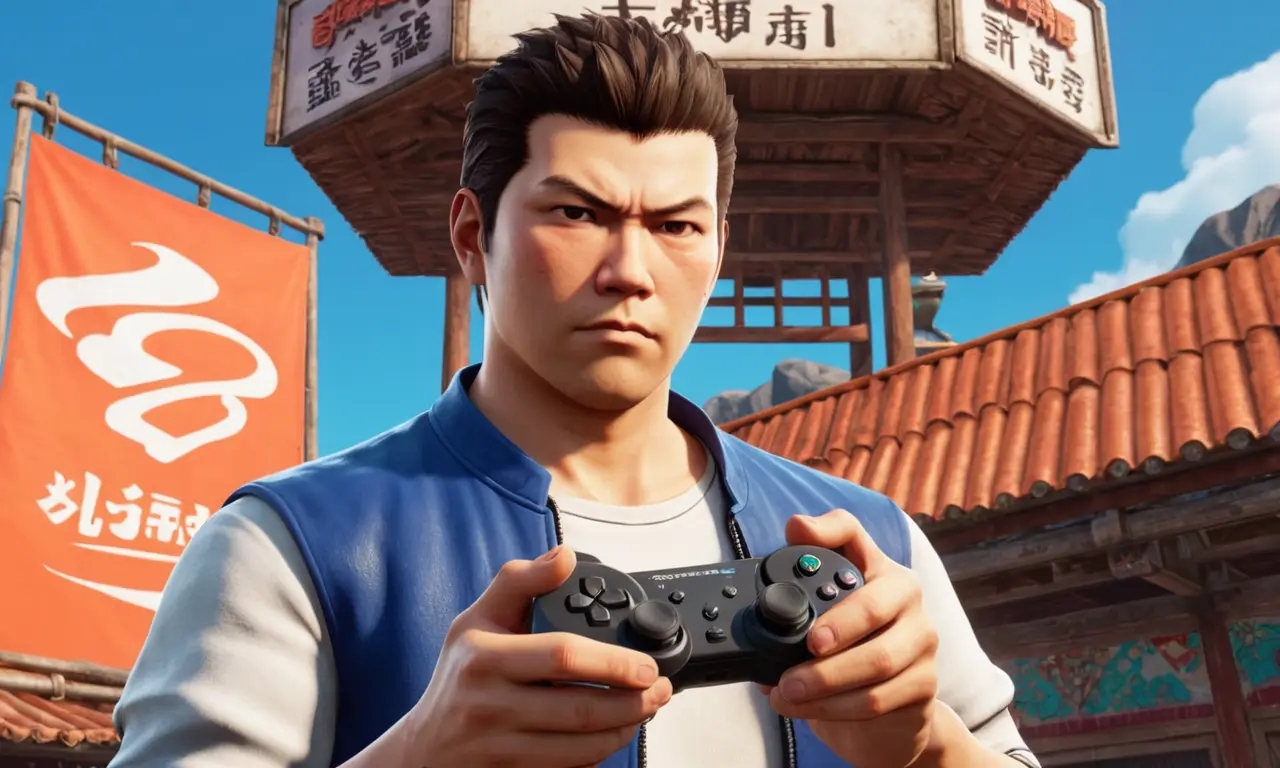 Un jugador que sostiene un controlador de consola en medio de un fondo de Shenmue III juego de arte, que se ve decepcionado o frustrado.