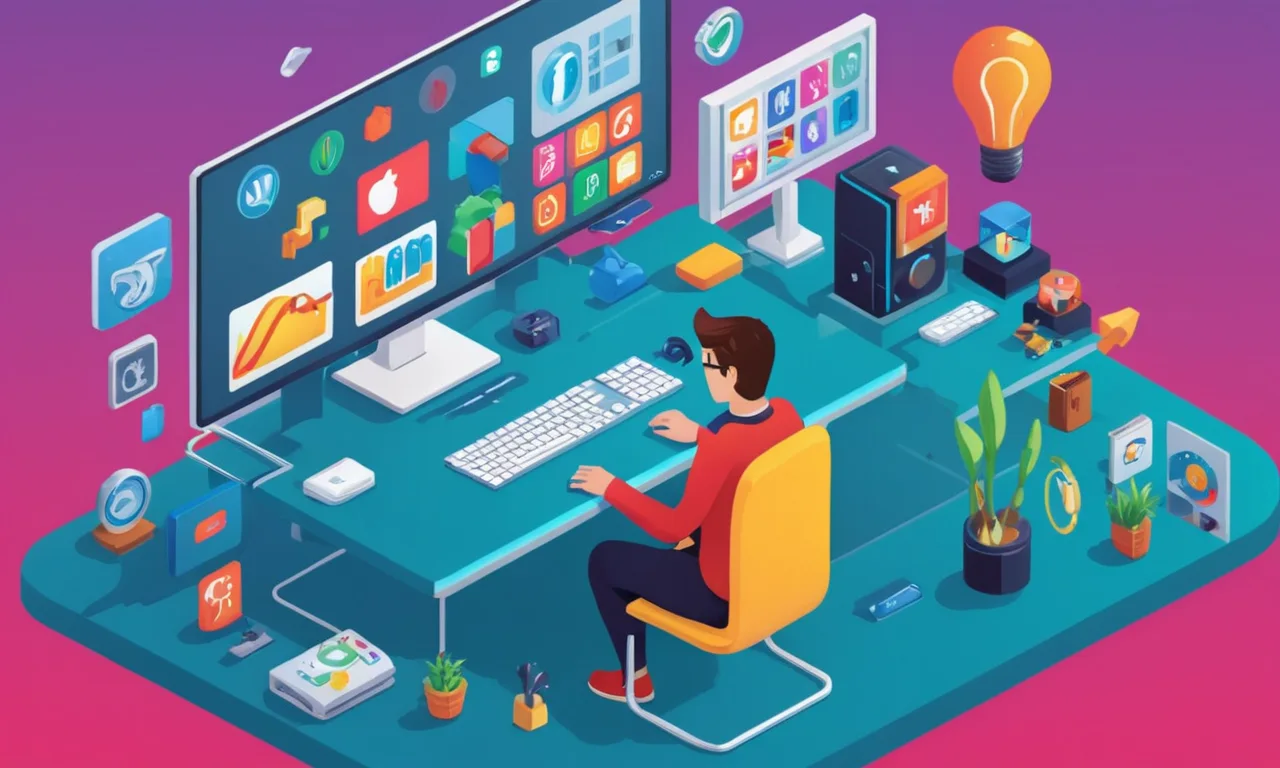 Una persona sentada frente a un ordenador con varios iconos y ajustes para modificaciones de calidad de vida.