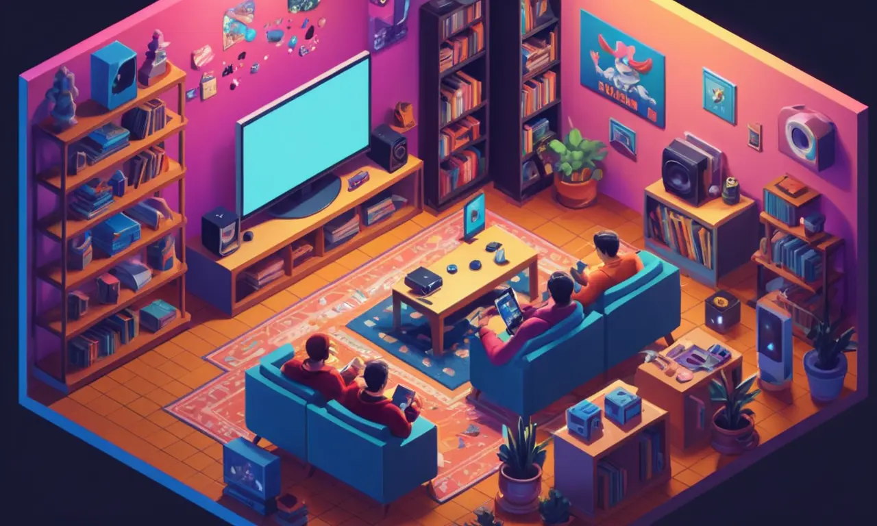 Una persona jugando videojuegos rodeado de otras formas de entretenimiento, como películas y libros.