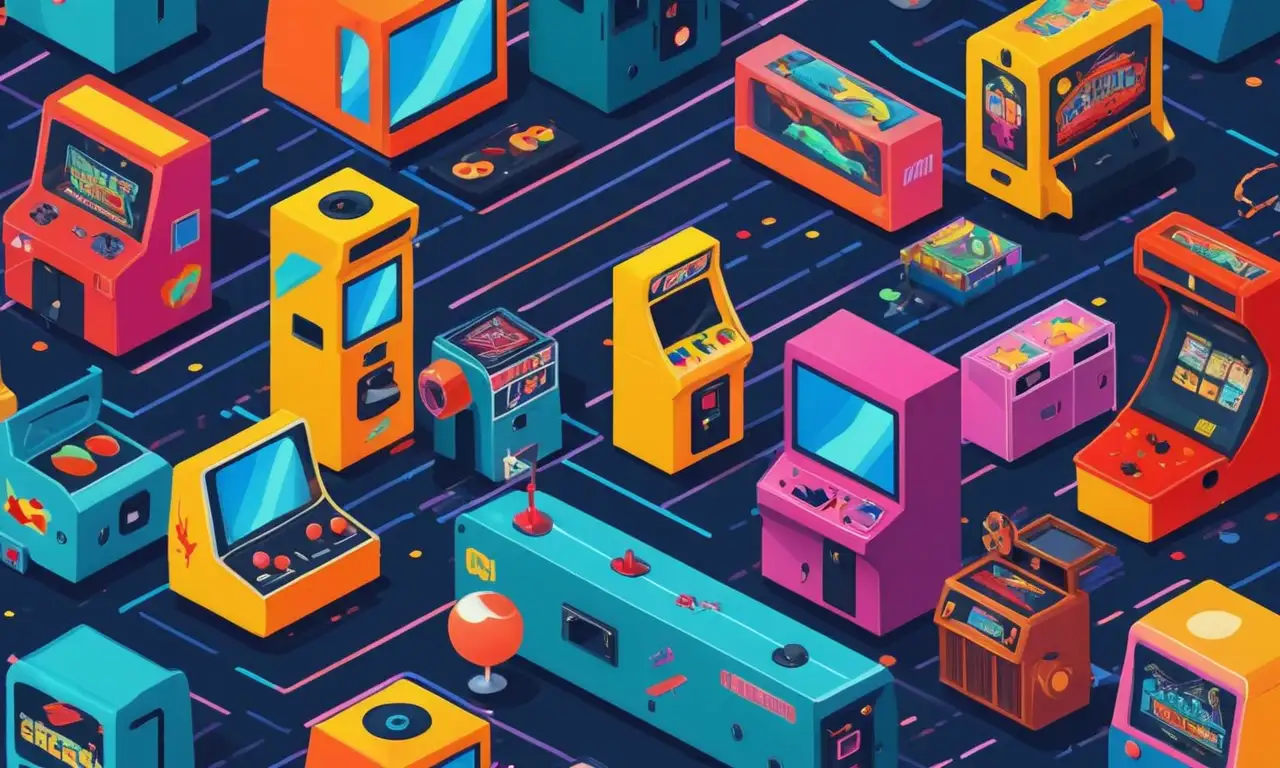Una mezcla de máquinas arcade nostálgicas con cámaras de cine, instrumentos musicales y otros elementos de entretenimiento en el fondo.