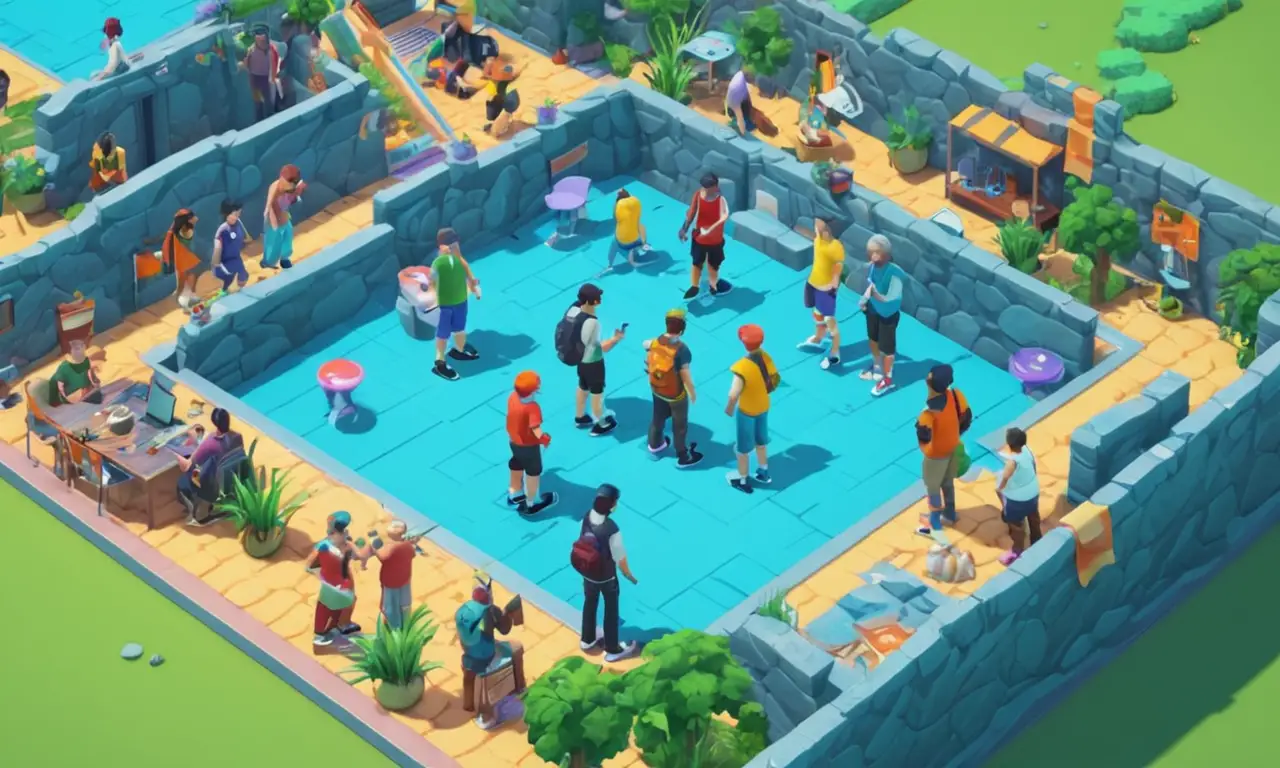 Un grupo de jugadores interactuando entre sí en un mundo virtual muy diseñado.